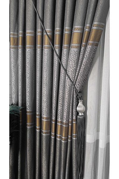 Yuka Panel Background Curtain Smoked Gray Gold Striped Wheat Detailed Single Wing Closely Pleated Jacquard Semi-Glossy