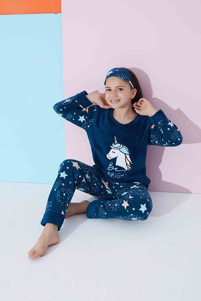 MEBA Set de pijamale din fleece din pluș, cu unicorn brodat pentru fetiță, băiat