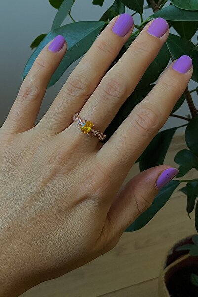 Natural Jewelleryy Kadın 925 Ayar Sitrin Taşlı Altın Kaplama Gümüş Yüzük
