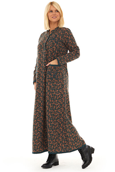 Newbutix Pazen Petrol Yıldız Nakışlı Uzun Sonbahar ve Kışlık Elbise