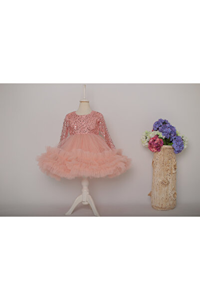 GNL BUTİK Kız Çocuk Pudra renk parti party doğum günü elbisesi