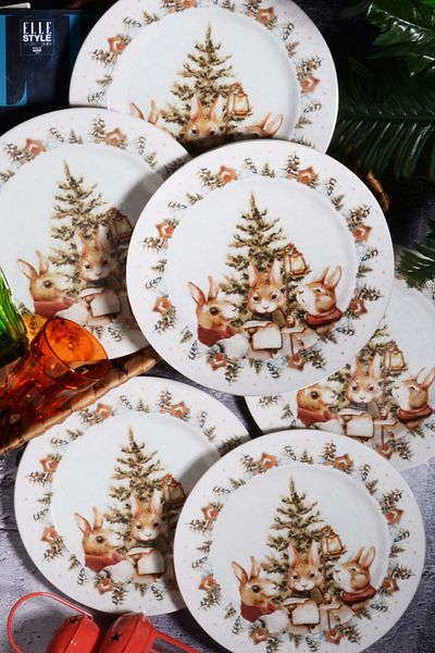 Porselen Diyarı New Year's Pattern Special Design 6-Piece Bunny Christmas Digital Printing Cake Plate 20 Cm