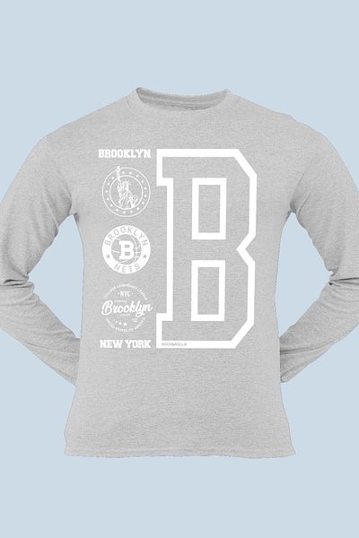 ROCKANDROLL Tricou pentru bărbați gri din bumbac pieptănat cu mânecă lungă cu logo Brooklyn