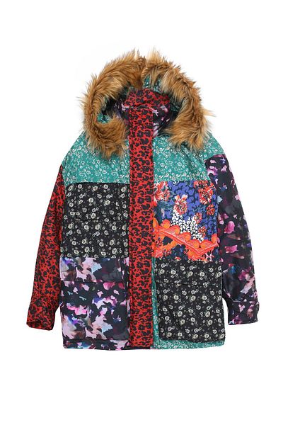 Quzu Colorful Patterned Hooded Puffer Jacket Black
