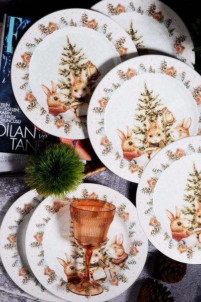 Porselen Diyarı New Year's Pattern Special Design 6-Piece Bunny Christmas Digital Printing Serving Plate 26 Cm