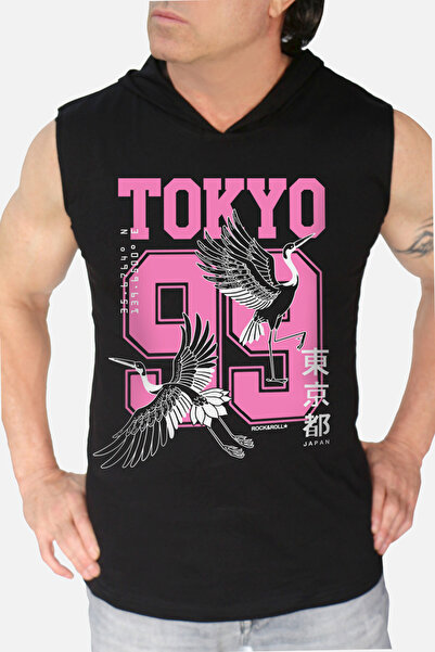 ROCKANDROLL Tricou pentru bărbați, fără mâneci, cu glugă neagră Tokyo 99
