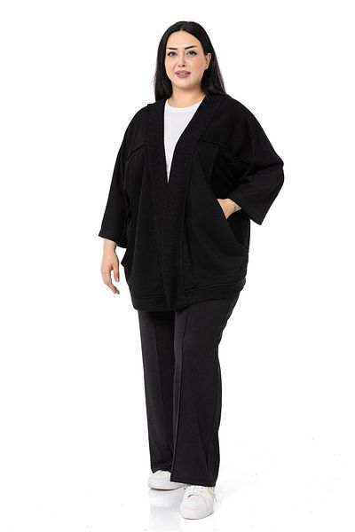 DISENTIS MODEST Large Size Three-Quarter Sleeve Oversize Pocket Three-Thread Black Cardigan