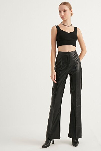 manolyabutik Hlače od umetne kože sa širokim nogavicama i patentnim zatvaračem