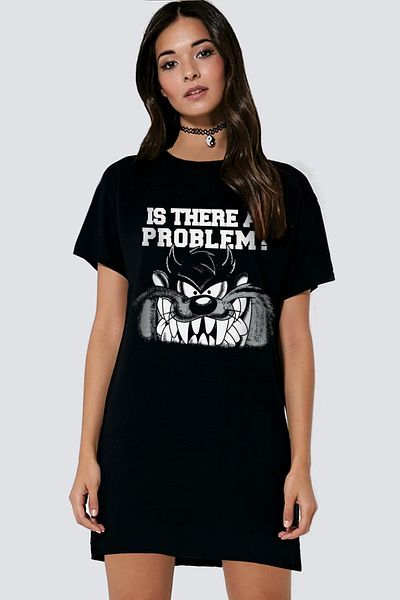 ROCKANDROLL Rochie tricou damă Taz Problem, neagră, cu mânecă scurtă din bumbac pieptănat