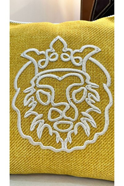 Aslan Kabartmalı Nakışlı Kırlent Kılıfı - Döşemelik Kumaş