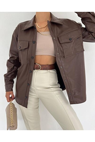 asse ACI KAHVE SUNİ DERİ İNCE GÖMLEK CEKET