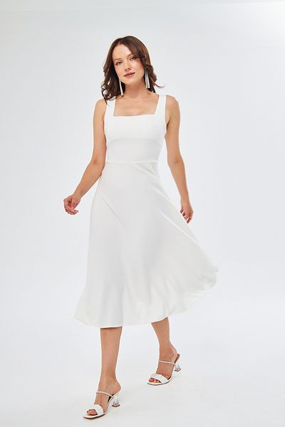 WOMAN VISION Dámský čtvercový límec Atlas Fabric White Flared Midi šaty 151