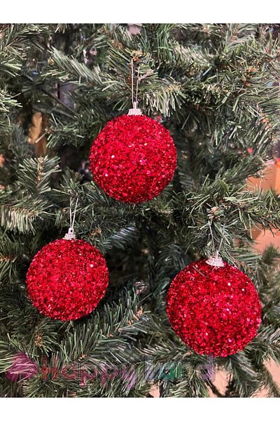 Happyland Christmas Pine Tree Ornament Luxury 3 Pieces Sequined Glitter Red Color Large Size Christmas Ball