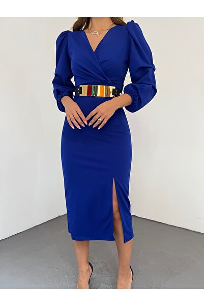 Mekafashion Double-breasted Dress with Pleated Sleeves 2916 SAX BLUE