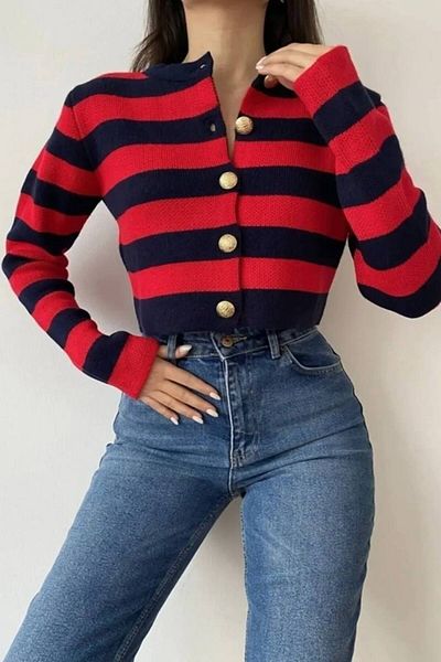 Dali Giyim Thick Striped Crop Knitwear Cardigan