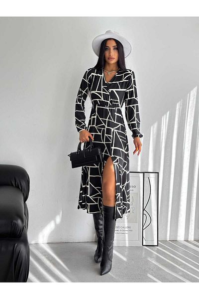 rengamoda Rochie de damă cu guler dublu, cu model, din țesătură din piele de căprioară, cu fante (culoare)