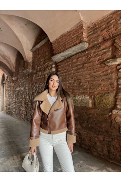 Mekafashion Parlak İçi Peluş Kaplama Deri Crop Kaban 98458 KAHVE