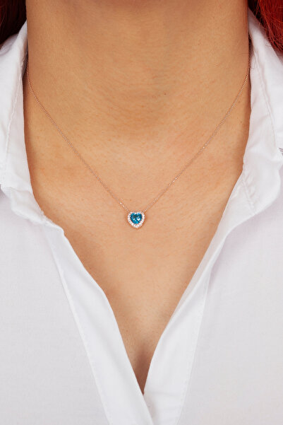 klas gümüş 925 AYAR GÜMÜŞ ROSE AKUAMARİN TAŞLI KALP KOLYE