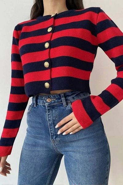 Dali Giyim Thick Striped Crop Knitwear Cardigan