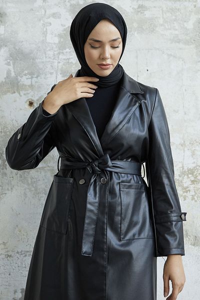 InStyle Δερμάτινη καμπαρντίνα με διπλό γιακά Anyora - Μαύρη