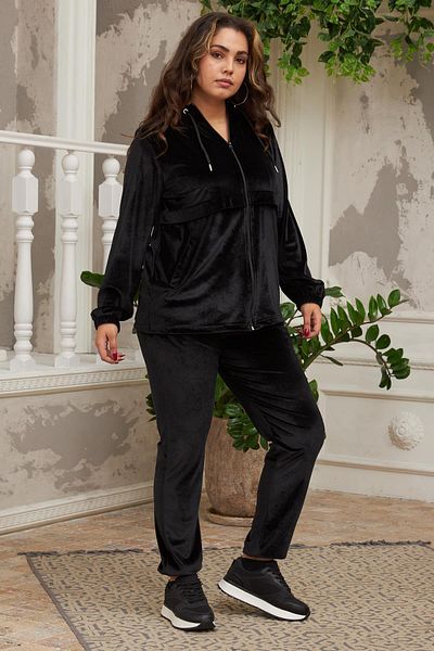 RMG Plus Size Black Velvet Tracksuit Set