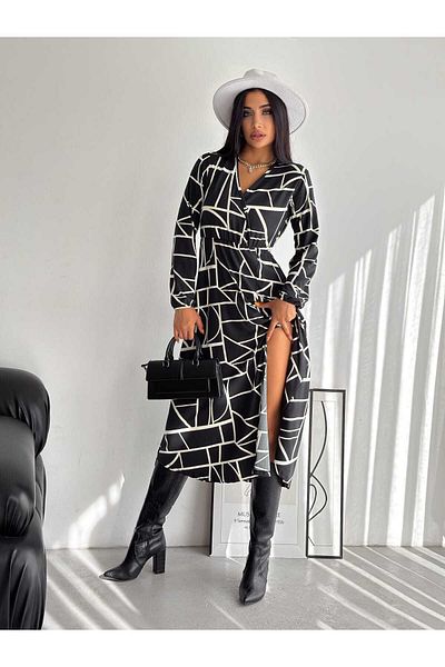 rengamoda Rochie de damă cu guler dublu, cu model, din țesătură din piele de căprioară, cu fante (culoare)