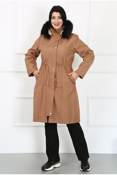 By Alba Collection Γυναικείο ανοιχτό καφέ μακρύ ύφασμα Bondit εσωτερικά σγουρό παλτό μεγάλου μεγέθους
