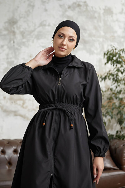 Esre Store Bel Büzgülü Tesettür Trençkot Siyah
