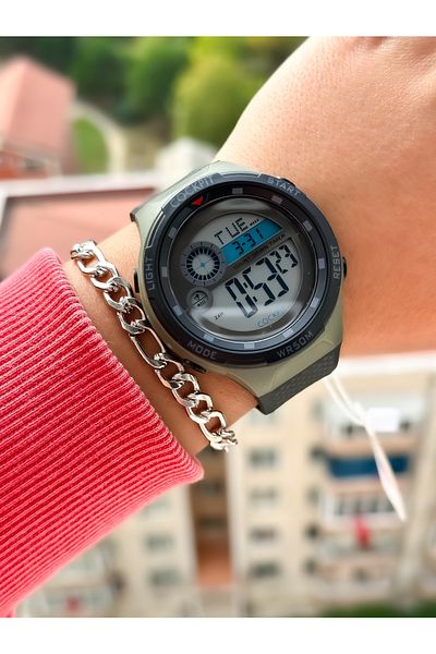 Cockpit Brand, Suitable for Marine Use, Illuminated, with Stopwatch, Black Green Digital Women's Wristwatch + Bracelet
