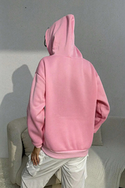 Machetta Büyük Beden Oversize Baskılı Kapüşonlu Pembe 3 iplik Sweatshirt