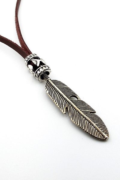 Solfera Native American Chef Feather Luck Brown Leather Metal Men's Necklace Q0681