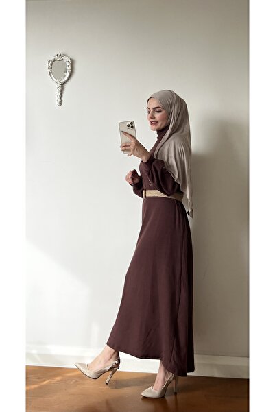 Esre Store Hasır Kemerli Tesettür Elbise Kahverengi