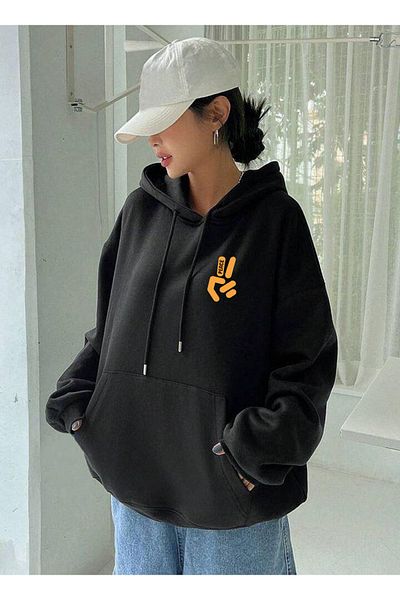 Buğraterzimoda Black Women's Sweatshirt Hoodie with Freedom Printed Fleece Inside