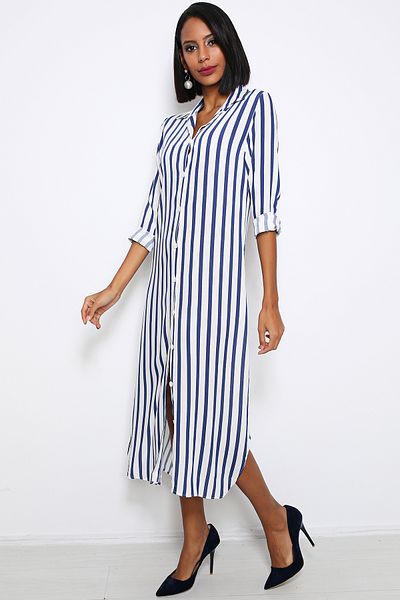 AVORWE Shirt Collar Striped Front Button Midi Dress