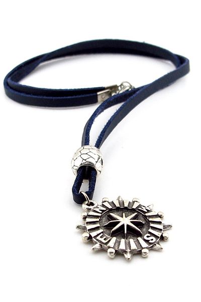 Solfera Polaris Leather Metal Men's Necklace - Compass Star North Q0679