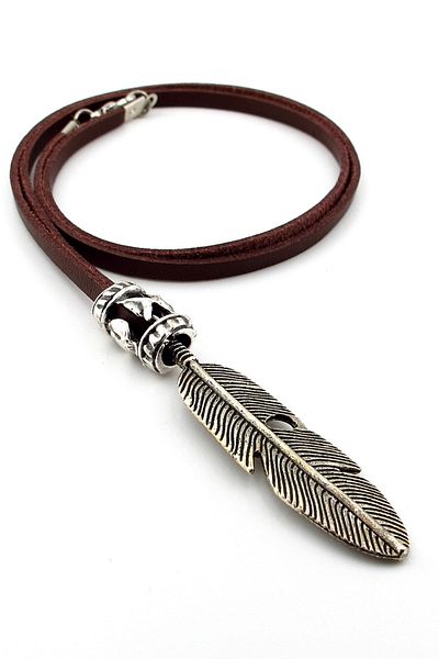 Solfera Native American Chef Feather Luck Brown Leather Metal Men's Necklace Q0681