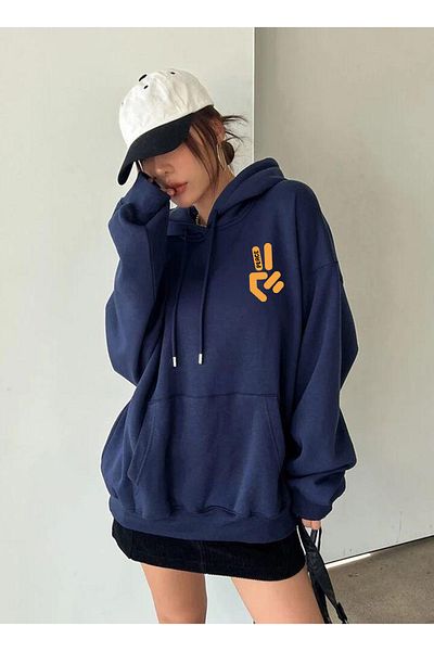 Buğraterzimoda Freedom Printed Fleece Hooded Navy Blue Women's Sweatshirt Hoodie