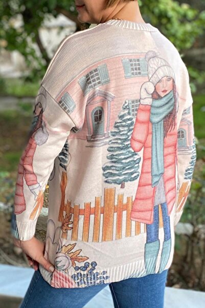 Mia Butik Kadın Pembe İtalyan Dijital Basklı Triko