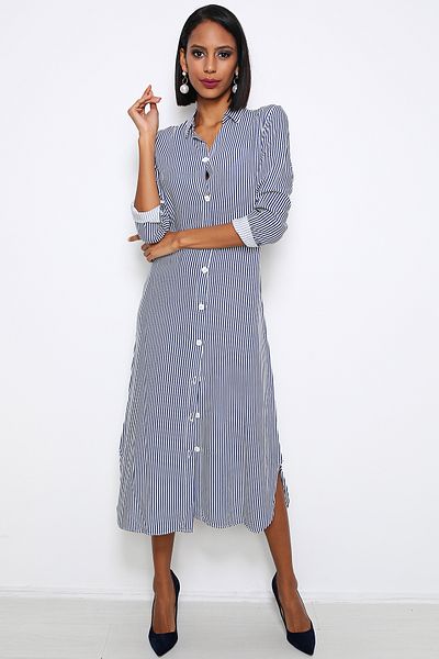 AVORWE Shirt Collar Striped Front Button Midi Dress
