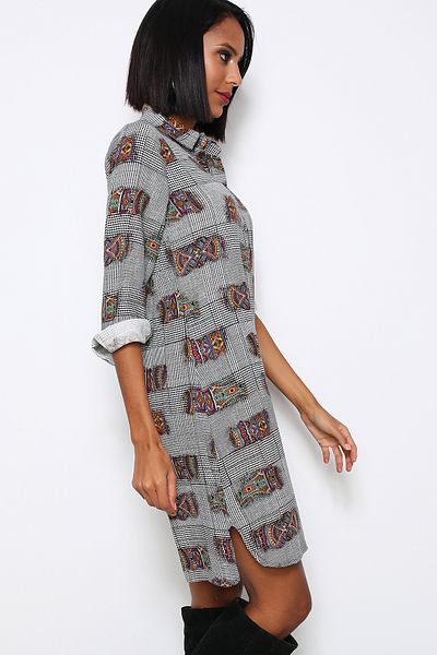 AVORWE Rochie în carouri cu decolteu cu model geometric și cu fantă laterală