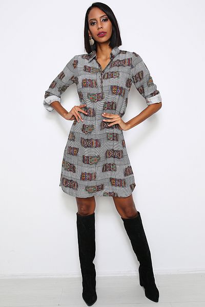 AVORWE Rochie în carouri cu decolteu cu model geometric și cu fantă laterală