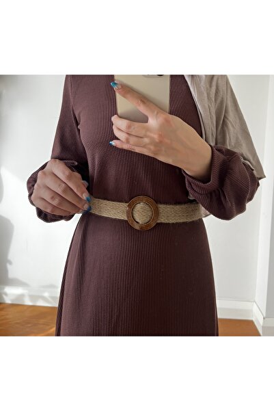 Esre Store Hasır Kemerli Tesettür Elbise Kahverengi