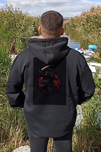 Vordevia Hanorac cu glugă supradimensionat de iarnă cu imprimeu Black Death D...