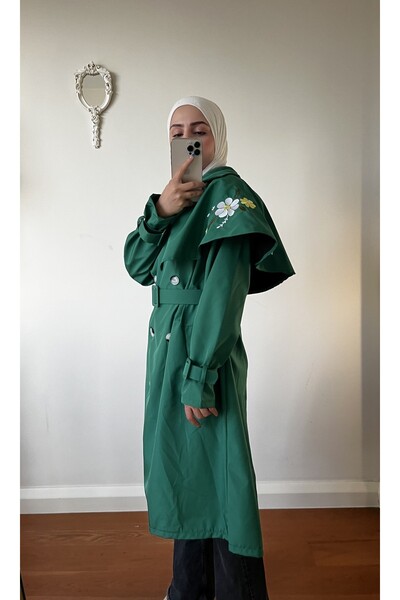 Esre Store İşleme Detaylı Tesettür Trençkot Yeşil