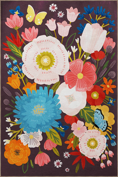 Rugs Modern Halı Dark Gray Themed Multicolored Floral Rose Patterned Creative...