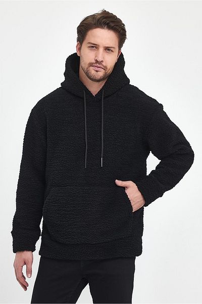 MADZEYMODA Мъжки черен плюшен суичър с качулка
