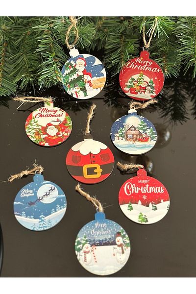 Masalsı Concept 8 Pieces Wooden Christmas Pine Tree Ornament with Wicker String Wooden Mixed Pattern