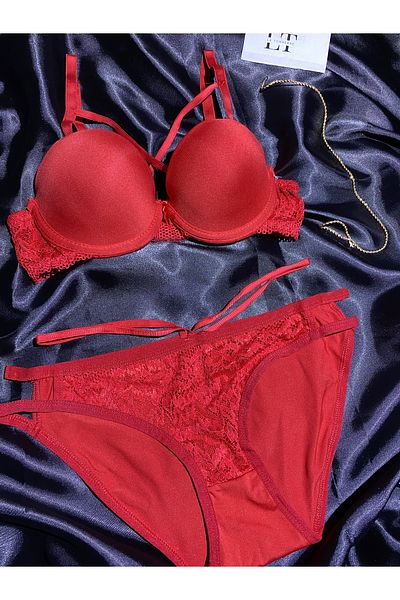 Le Tonnerre Women's Navy Blue Micro Half Padded Cross String Bra Set