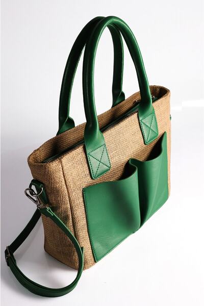 Rimense Women's Straw Green Pocket Long Strap Lined Medium Size Tote Bag