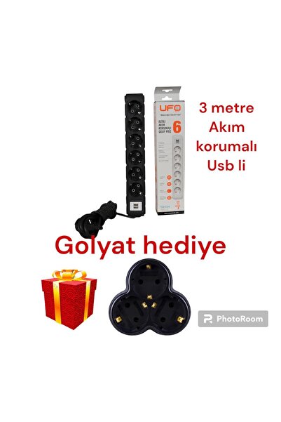 UFO Akım Korumalı Usb Sarj Aleti 6 Lı 3 Metre Siyah Topraklı Grup Priz Golyat...